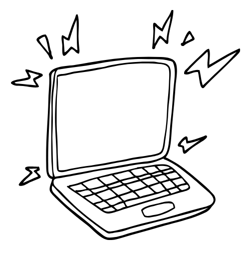 Black line doodle of a laptop with lightning bolts around the screen