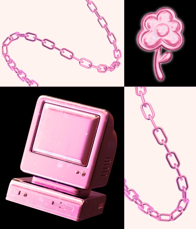 Pink chain, neon flower and retro CRT monitor collage